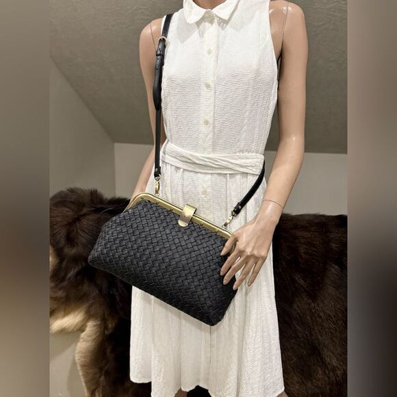 Black Premium Woven Cowhide Retro Metal Frame & Push Lock Handbag, Crossbody - Picture 9 of 16